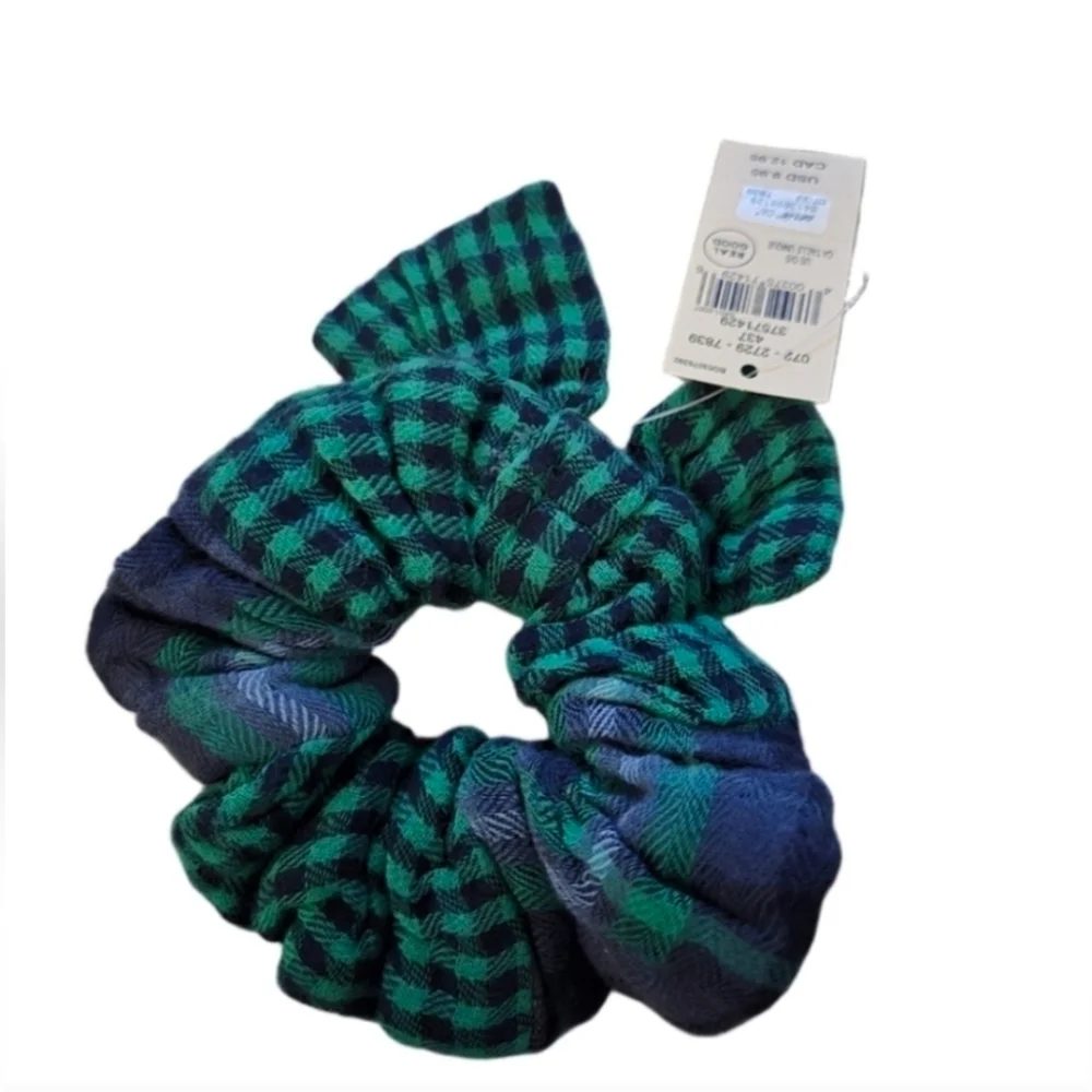 Aerie Green and Blue Plaid Checkered Scrunchie With Bow